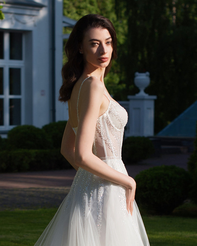 Robe de mariée trapèze en forme de cœur avec bretelles spaghetti