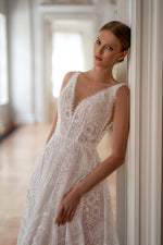 A-Line V-Neck Bohemian Lace Wedding Dress with Removable Cape