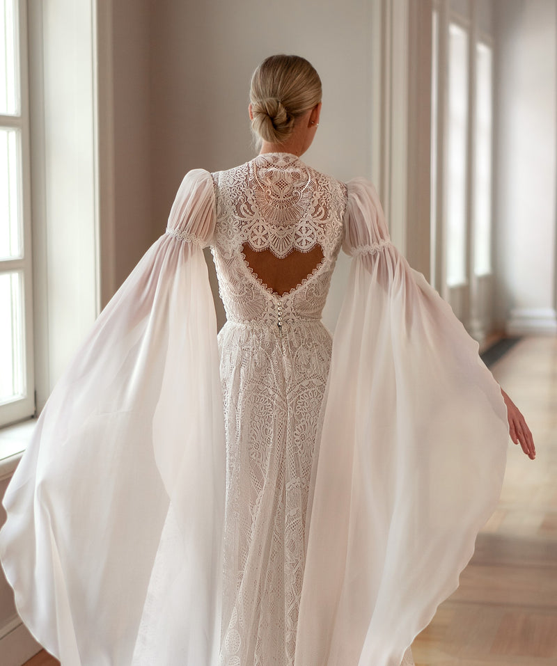 A-Line V-Neck Bohemian Lace Wedding Dress with Removable Cape