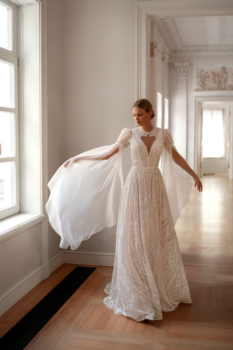 A-Line V-Neck Bohemian Lace Wedding Dress with Removable Cape