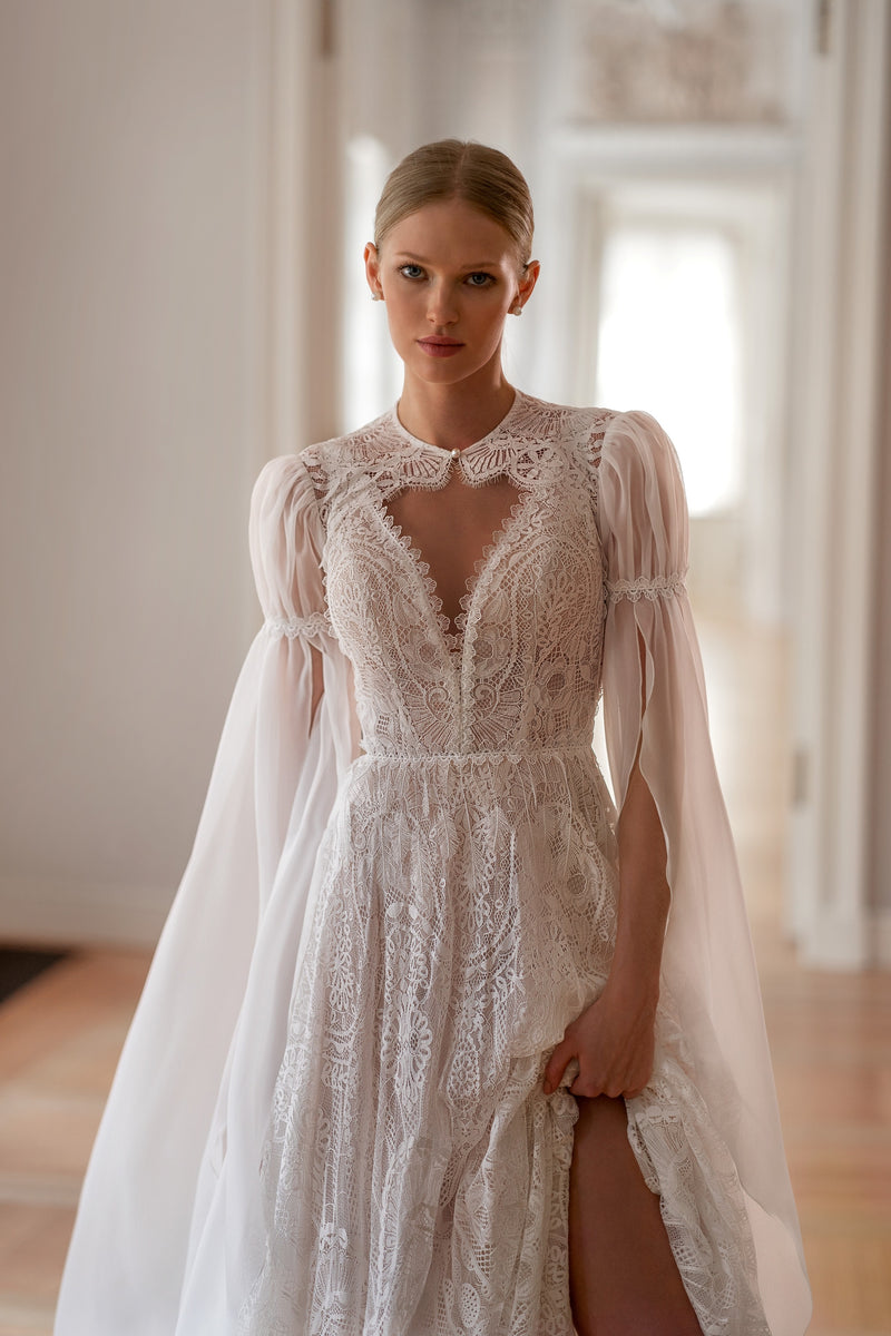 A-Line V-Neck Bohemian Lace Wedding Dress with Removable Cape HAREM's Brides A-Line V-Neck Bohemian Lace Wedding Dress with Removable Cape HAREM's Brides