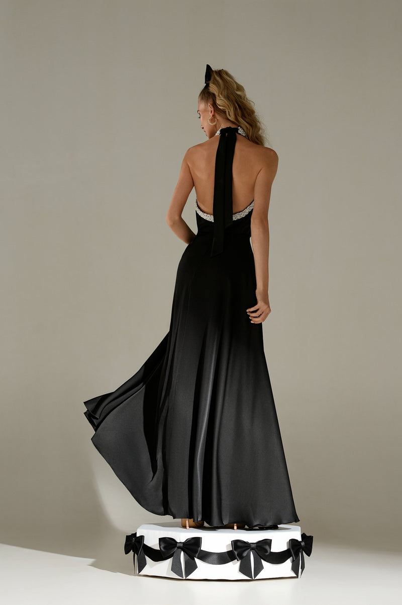 Pearl Halter Neck Silk Maxi Dress