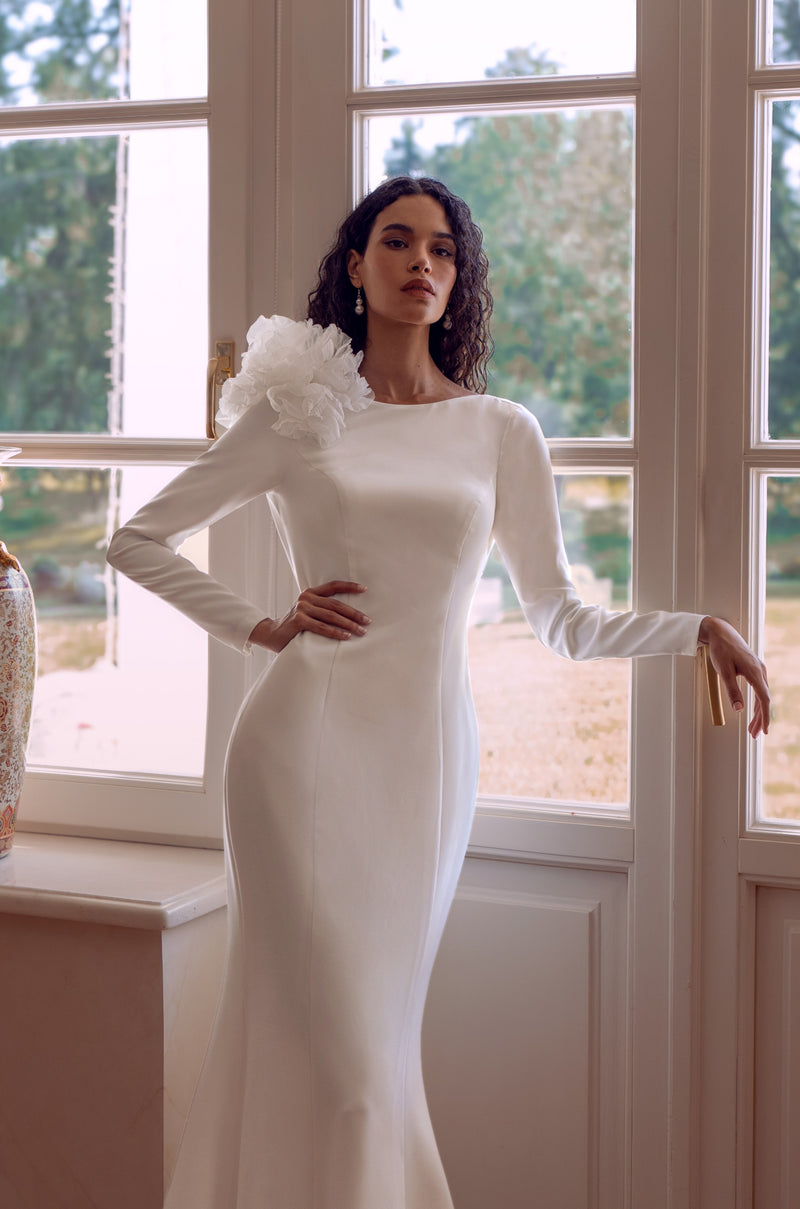 Long-Sleeve Crepe Backless Wedding Dress with Floral Shoulder Detail | Modern Grace Bridal Long-Sleeve Crepe Backless Wedding Dress with Floral Shoulder Detail | Modern Grace Bridal