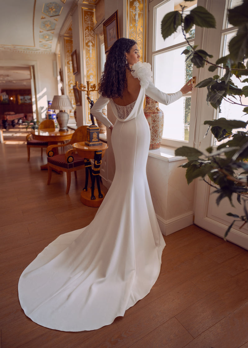 Long-Sleeve Crepe Backless Wedding Dress with Floral Shoulder Detail | Modern Grace Bridal Long-Sleeve Crepe Backless Wedding Dress with Floral Shoulder Detail | Modern Grace Bridal