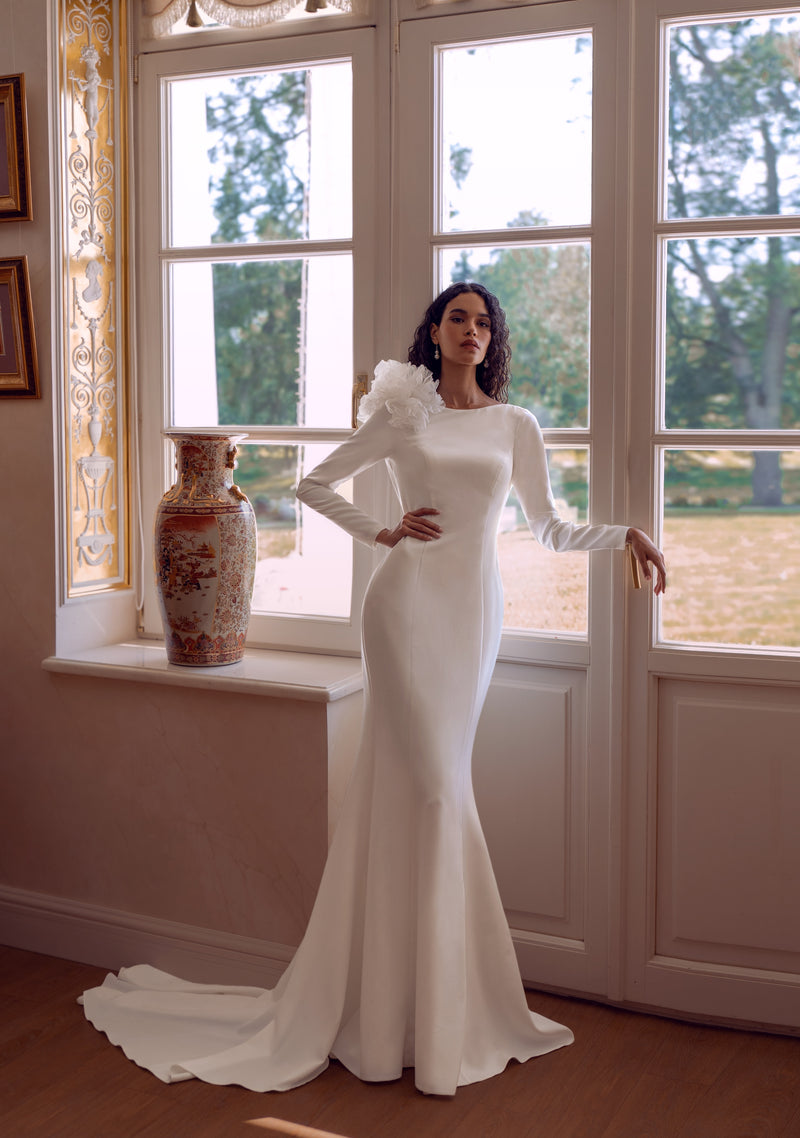 Long-Sleeve Crepe Backless Wedding Dress with Floral Shoulder Detail | Modern Grace Bridal