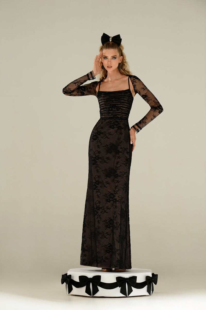 Elegant Maxi Lace Black Dress with Bolero