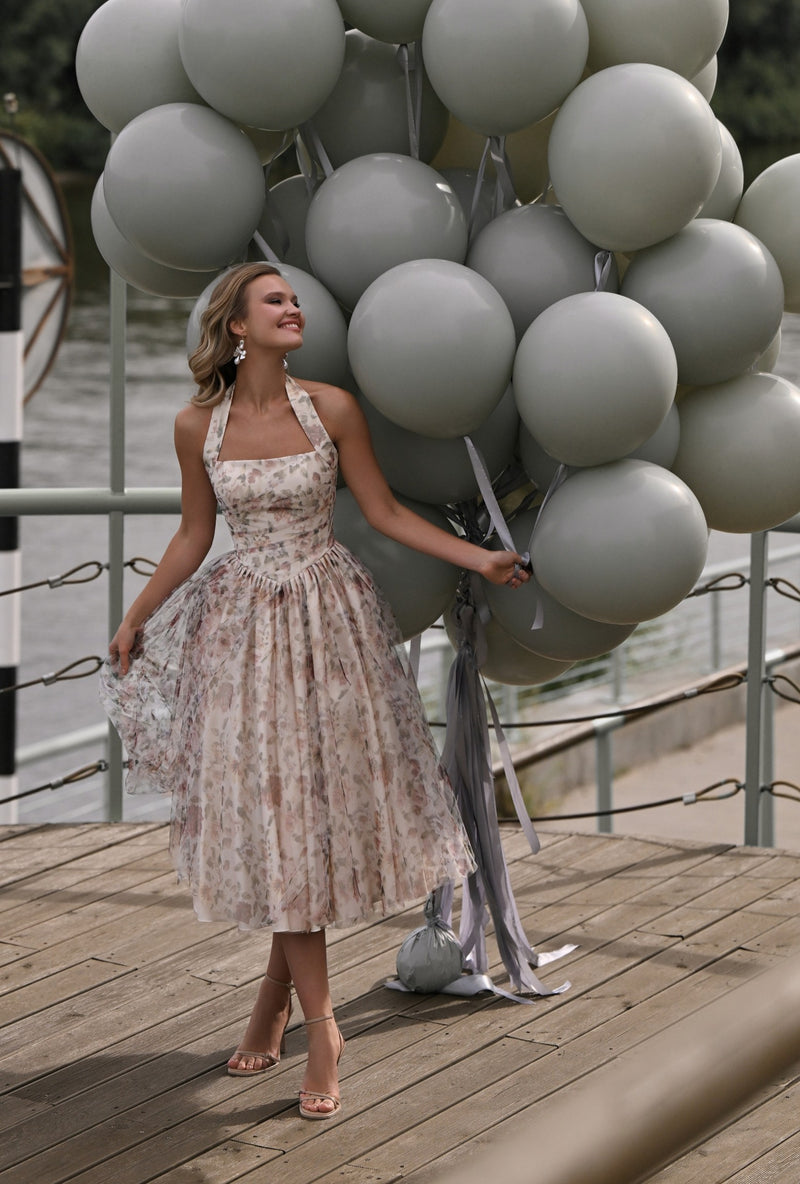 Halter-Neck Floral Euro Tulle Midi Dress
