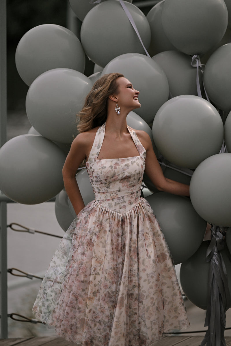 Halter-Neck Floral Euro Tulle Midi Dress | Blossom Soire Halter-Neck Floral Euro Tulle Midi Dress | Blossom Soire