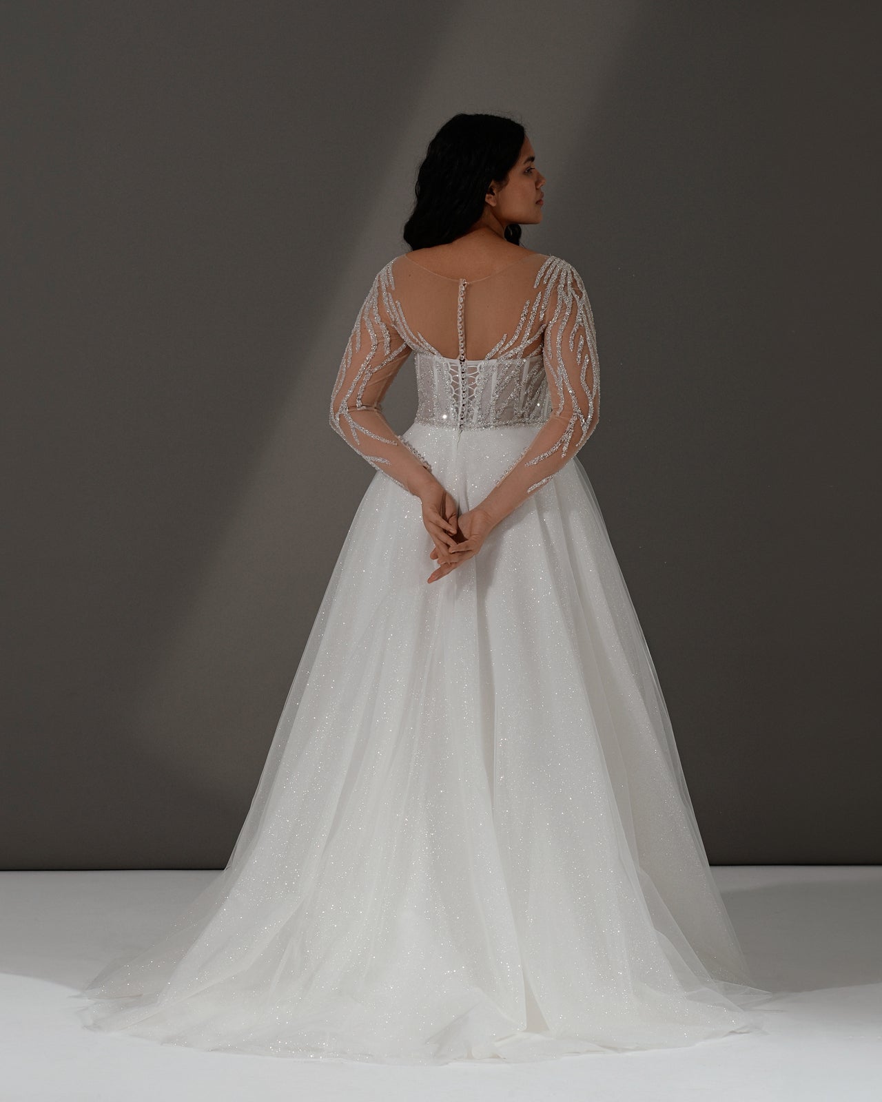 Long Sheer Sleeves Sparkling Corset Back A-Line Wedding Dress – HAREM's Brides