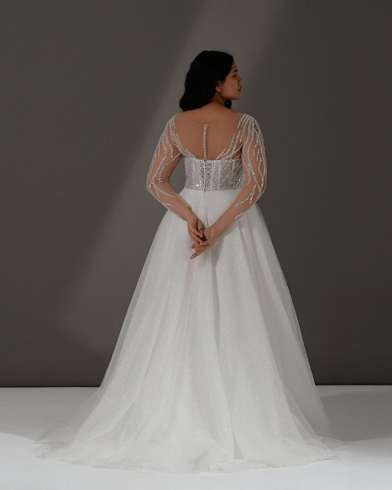 Long Sheer Sleeves Sparkling Corset Back A-Line Wedding Dress HAREM's Brides Long Sheer Sleeves Sparkling Corset Back A-Line Wedding Dress HAREM's Brides
