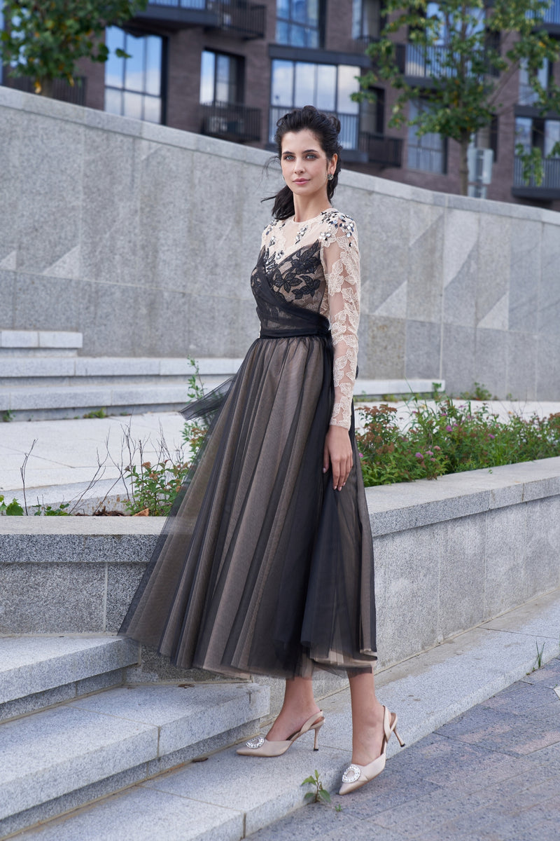 Long Sleeve Lace and Tulle Midi Black Dress HAREM's Brides Long Sleeve Lace and Tulle Midi Black Dress HAREM's Brides