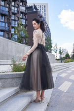Long Sleeve Lace and Tulle Midi Black Dress