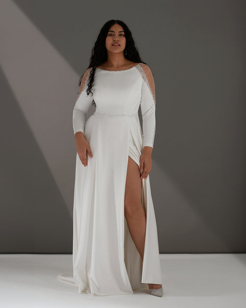 Robe de mariée trapèze à manches longues avec fente latérale 