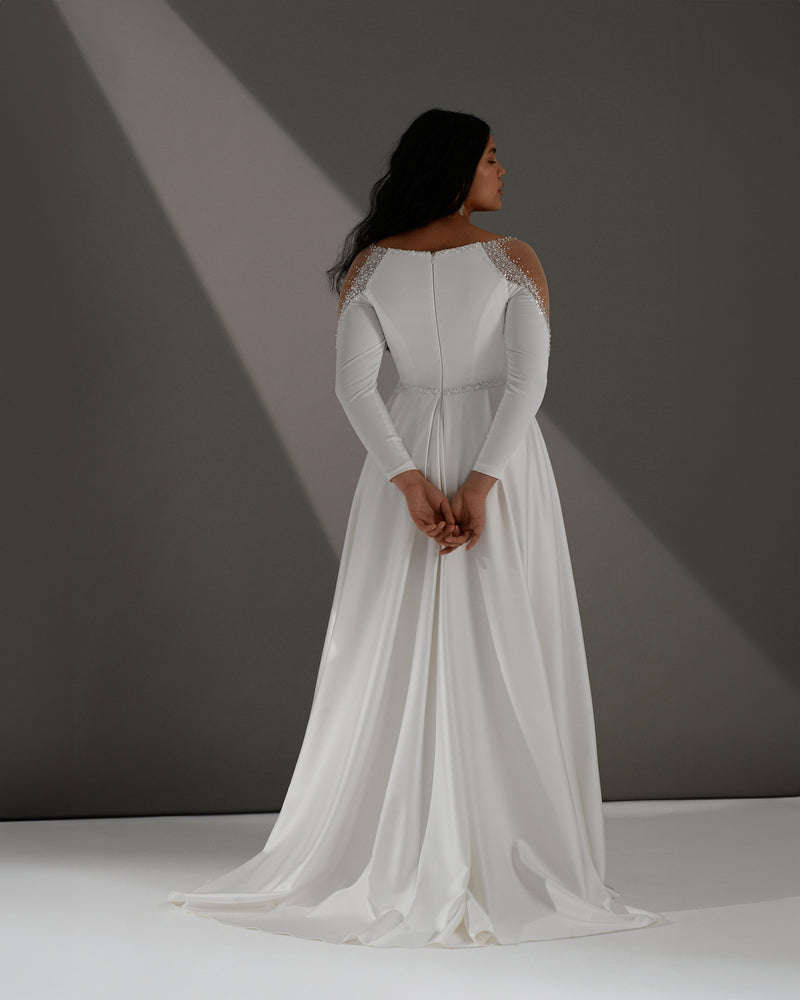 Long Sleeve A-Line Wedding Dress with Side Slit