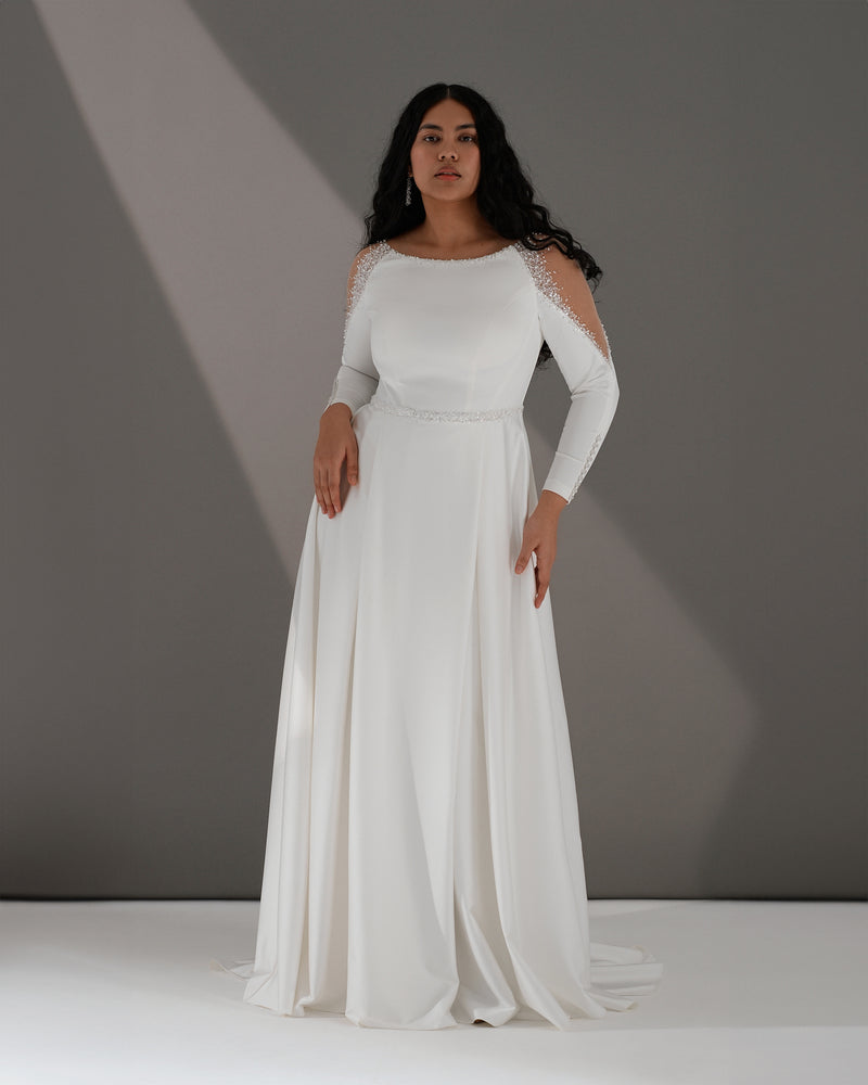Long Sleeve A-Line Wedding Dress with Side Slit