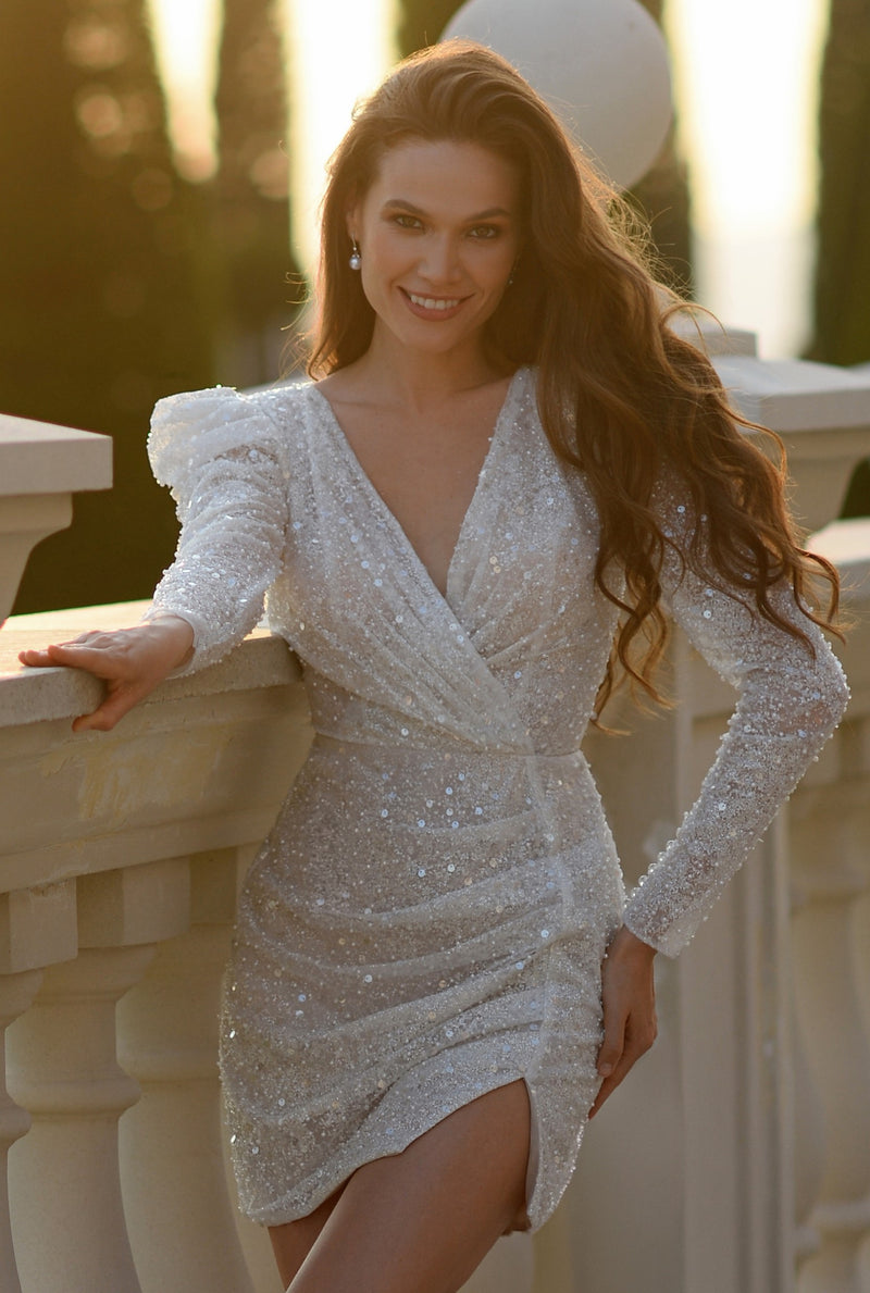 Long-Sleeved Sparkle Mini Wedding Dress