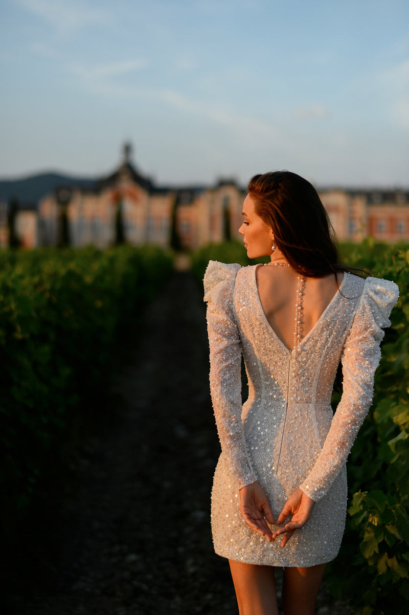 long sleeve mini wedding dress Long-Sleeved Sparkle Mini Wedding Dress – HAREM's Brides