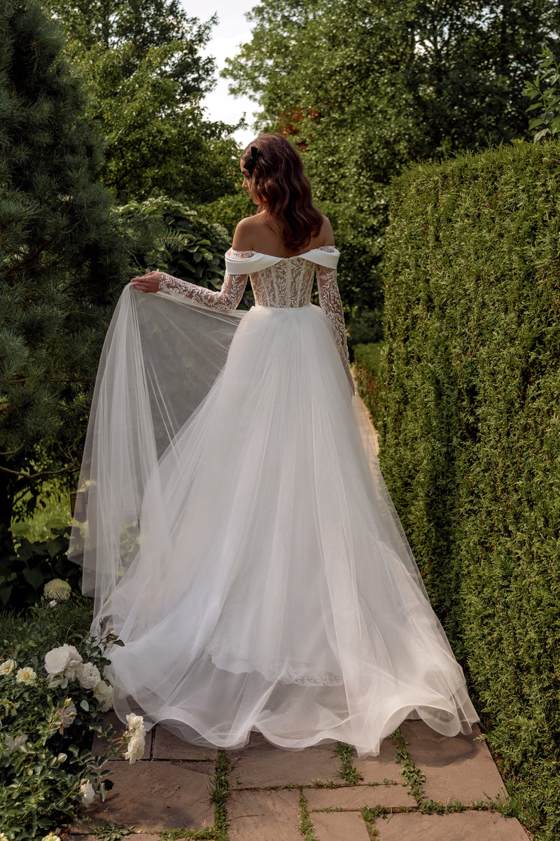 Off-Shoulder Long Sleeve Mermaid Wedding Gown with Removable Train HAREM's Brides Off-Shoulder Long Sleeve Mermaid Wedding Gown with Removable Train HAREM's Brides