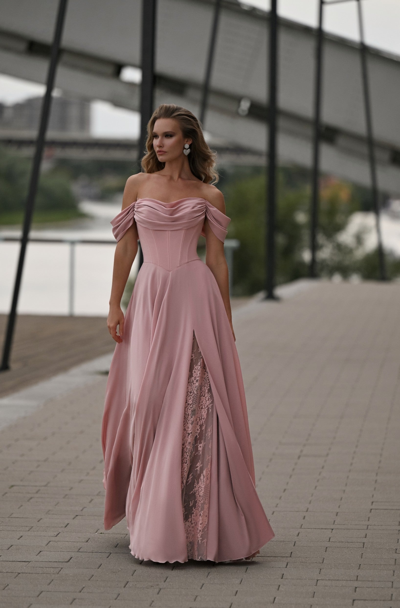 Off-Shoulder Draped Crepe A-Line Evening Dress with Lace Panel | Moonlit Grace Off-Shoulder Draped Crepe A-Line Evening Dress with Lace Panel | Moonlit Grace