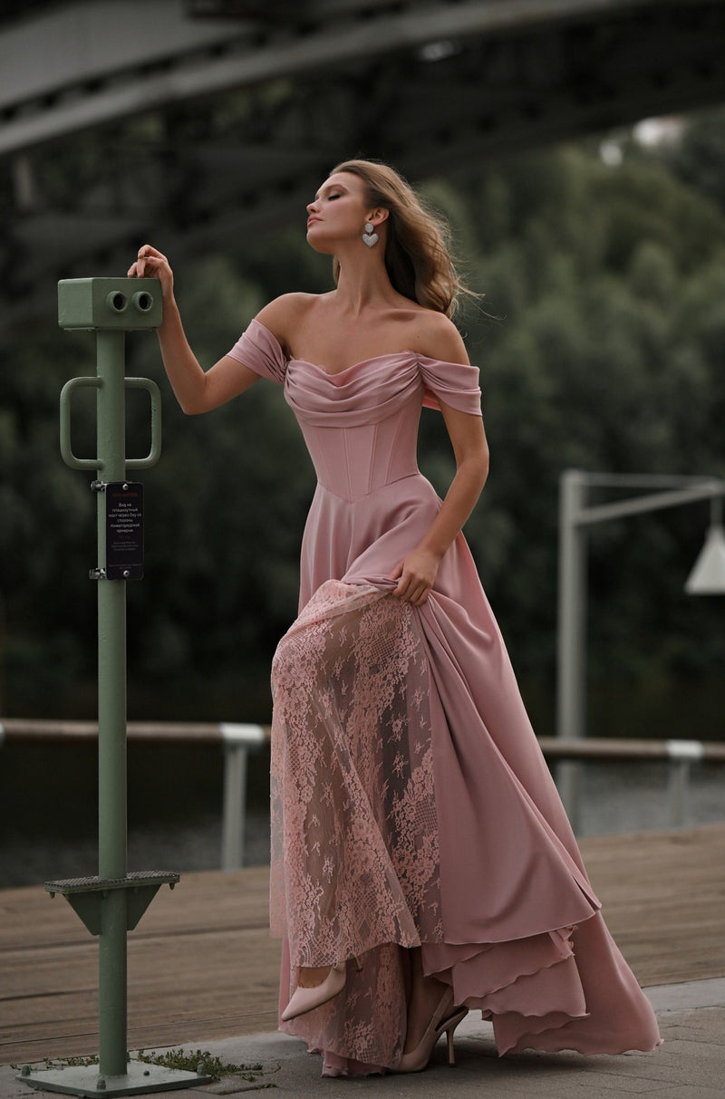 Wedding Dress Bardot Lace Panel Dress Vintage Lace Two-Piece Fit-and-Flare Kleinfeld Bridal Wedding Dress Bardot Lace Panel Dress Vintage Lace Two-Piece Fit-and-Flare Kleinfeld Bridal