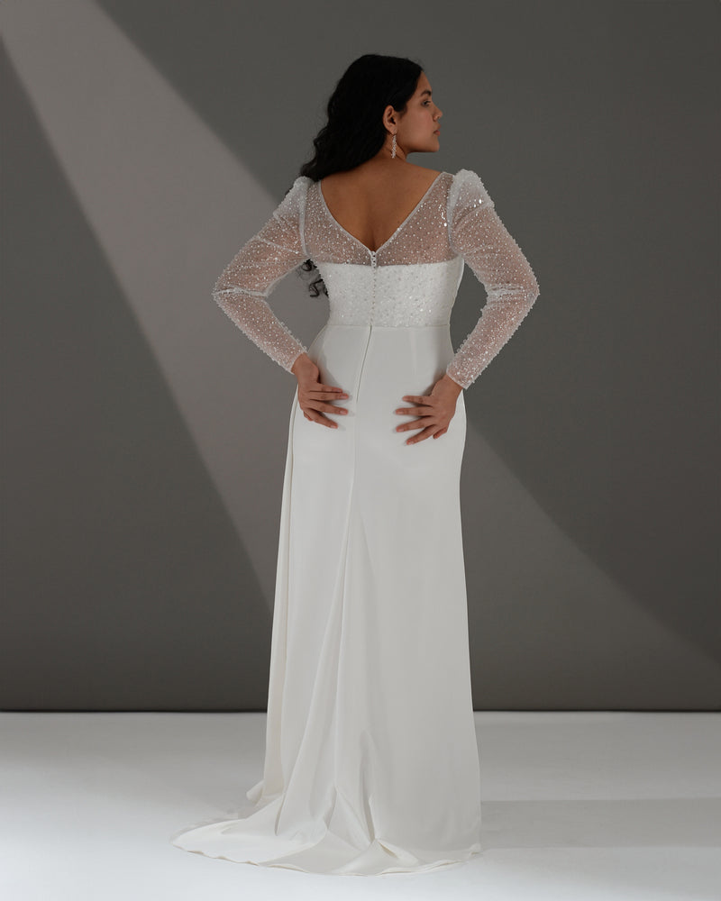 Exquisite Long Glitter Sleeves Wrap Sheath Wedding Gown