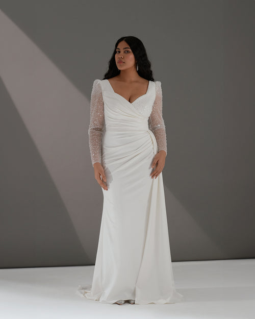 Robe de mariée fourreau portefeuille à manches longues et paillettes exquises 