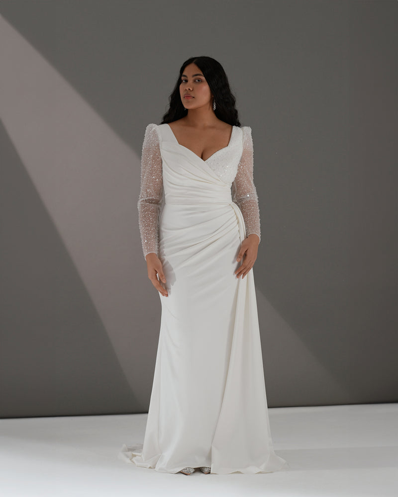 Exquisite Long Glitter Sleeves Wrap Sheath Wedding Gown