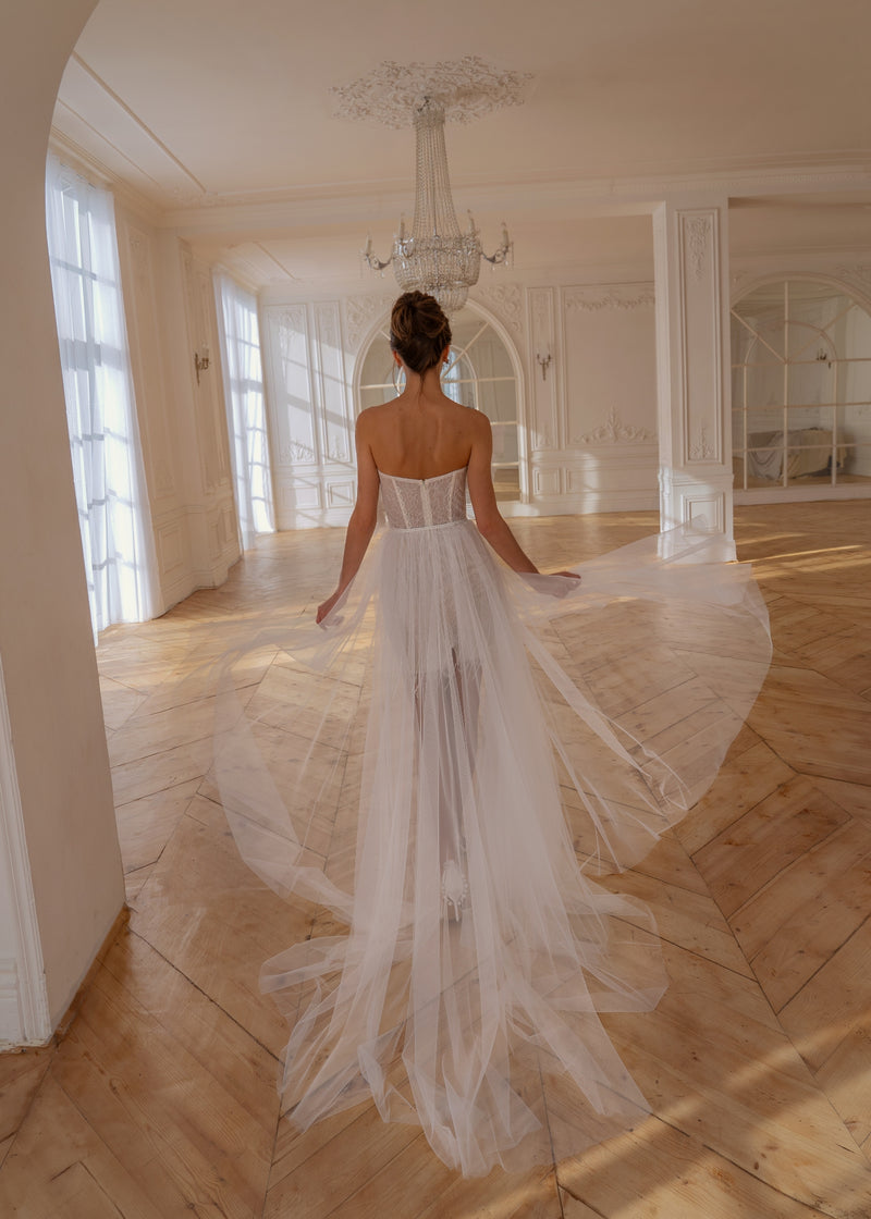 mini wedding dress with overskirt Ruffled Lace Mini Wedding Dress with Strapless Corset Bodice & Detachable  Euro Tulle Overskirt