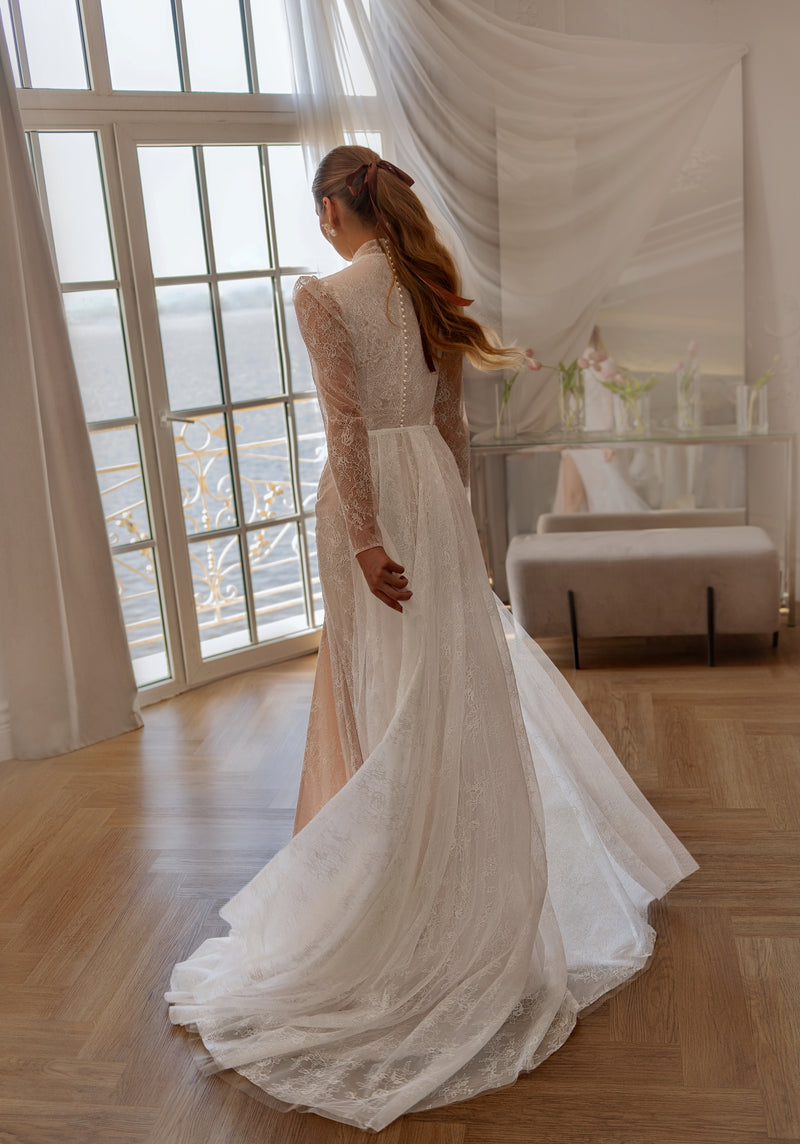 chinese dress ladies High-Neck Long-Sleeve Lace Mermaid Wedding Dress