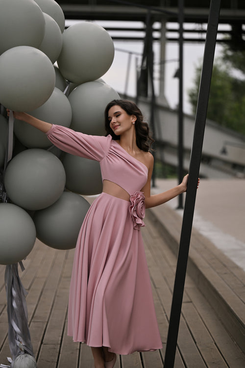 Asymmetric One-Shoulder Midi Dress with Floral Waist Detail | Blooming Romance