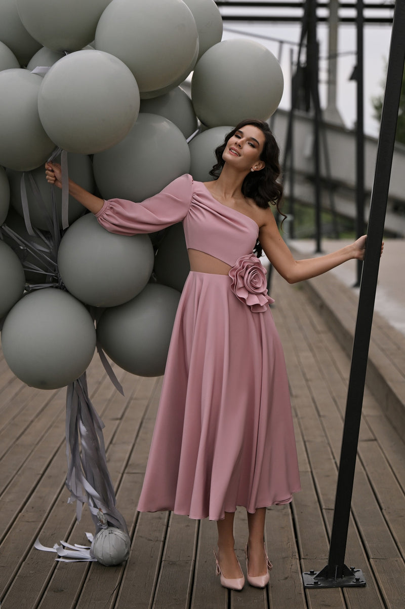 knee length dresses for ladies Asymmetric One-Shoulder Midi Dress with Floral Waist Detail