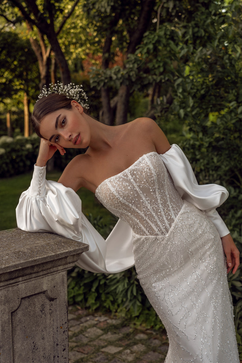 Strapless Glitter Mermaid Wedding Dress with Removable Sleeves HAREM's Brides Strapless Glitter Mermaid Wedding Dress with Removable Sleeves HAREM's Brides