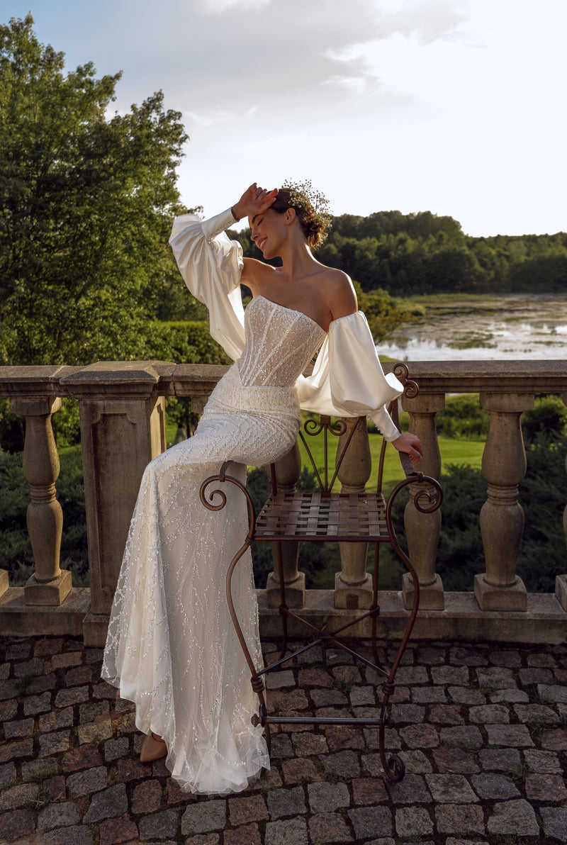 Strapless Glitter Mermaid Wedding Dress with Removable Sleeves HAREM's Brides Strapless Glitter Mermaid Wedding Dress with Removable Sleeves HAREM's Brides
