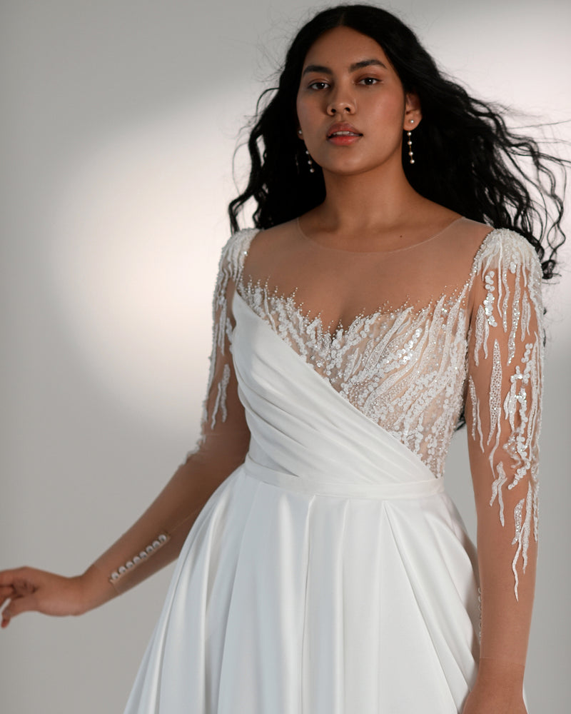 Long Sleeves A-Line Wedding Dress with Side Slit Made to Measure