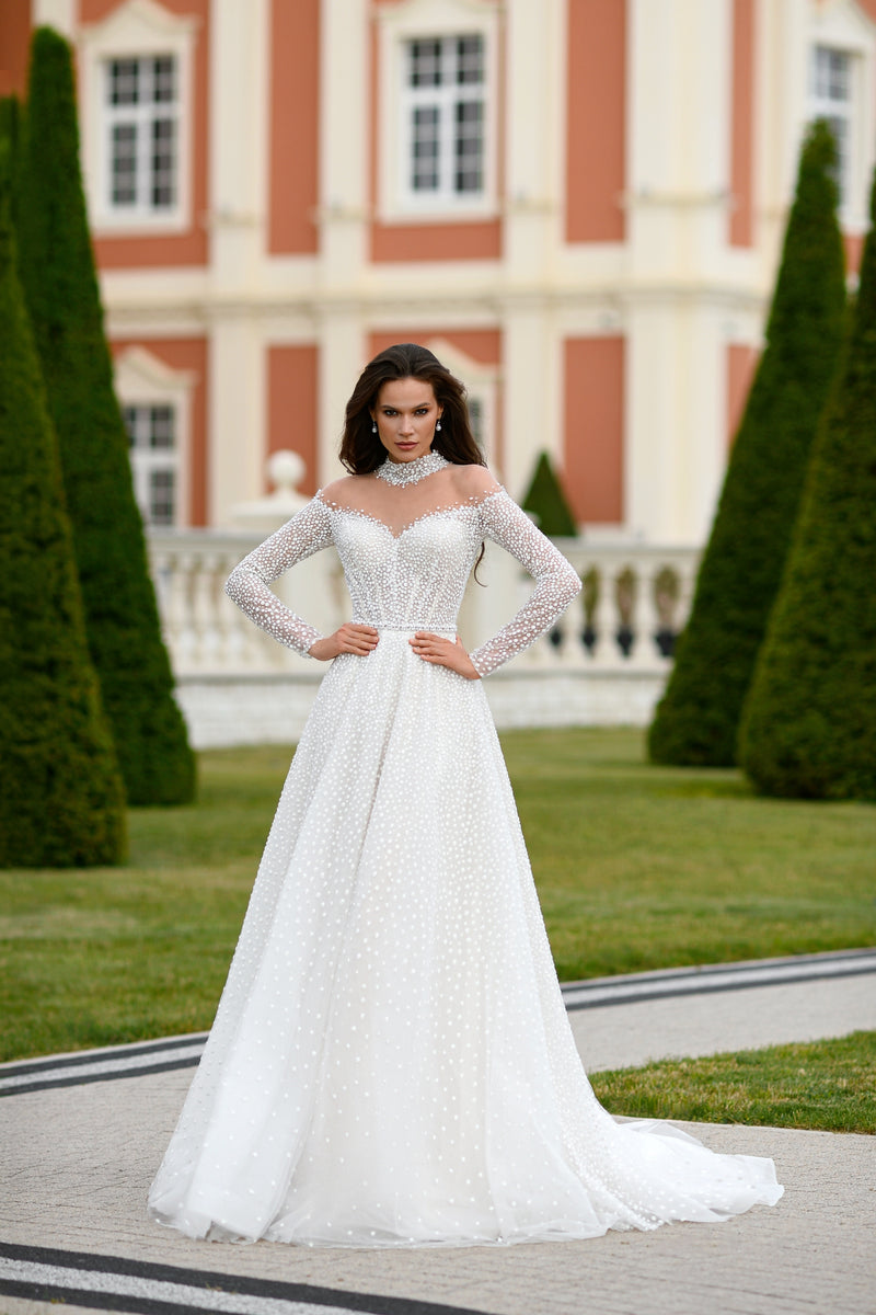 Elegant Long-Sleeve Glitter A-Line Wedding Dress Off-white / Made to Measure