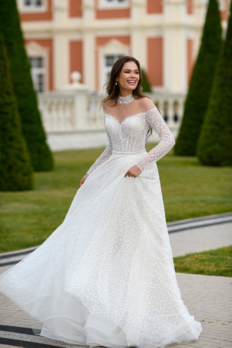 Elegant Long-Sleeve Glitter A-Line Wedding Dress HAREM's Brides Elegant Long-Sleeve Glitter A-Line Wedding Dress HAREM's Brides