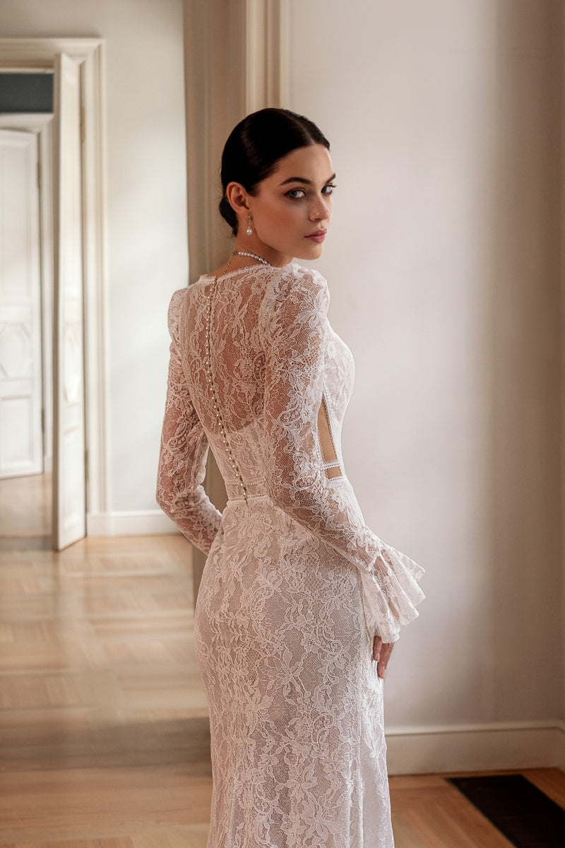 Long Sleeve Mermaid Lace Wedding Dress with Front Slit HAREM's Brides Long Sleeve Mermaid Lace Wedding Dress with Front Slit HAREM's Brides