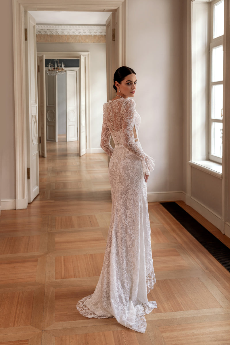 Long Sleeve Mermaid Lace Wedding Dress with Front Slit HAREM's Brides Long Sleeve Mermaid Lace Wedding Dress with Front Slit HAREM's Brides