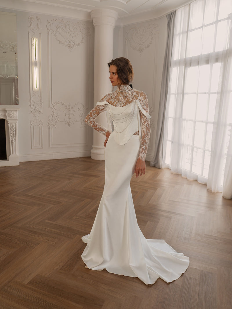 fitted lace wedding dress Luxury Silver Mermaid Strapless Lace Off-The-Shoulder Beaded Long Sleeves Wedding Dress with Pearls