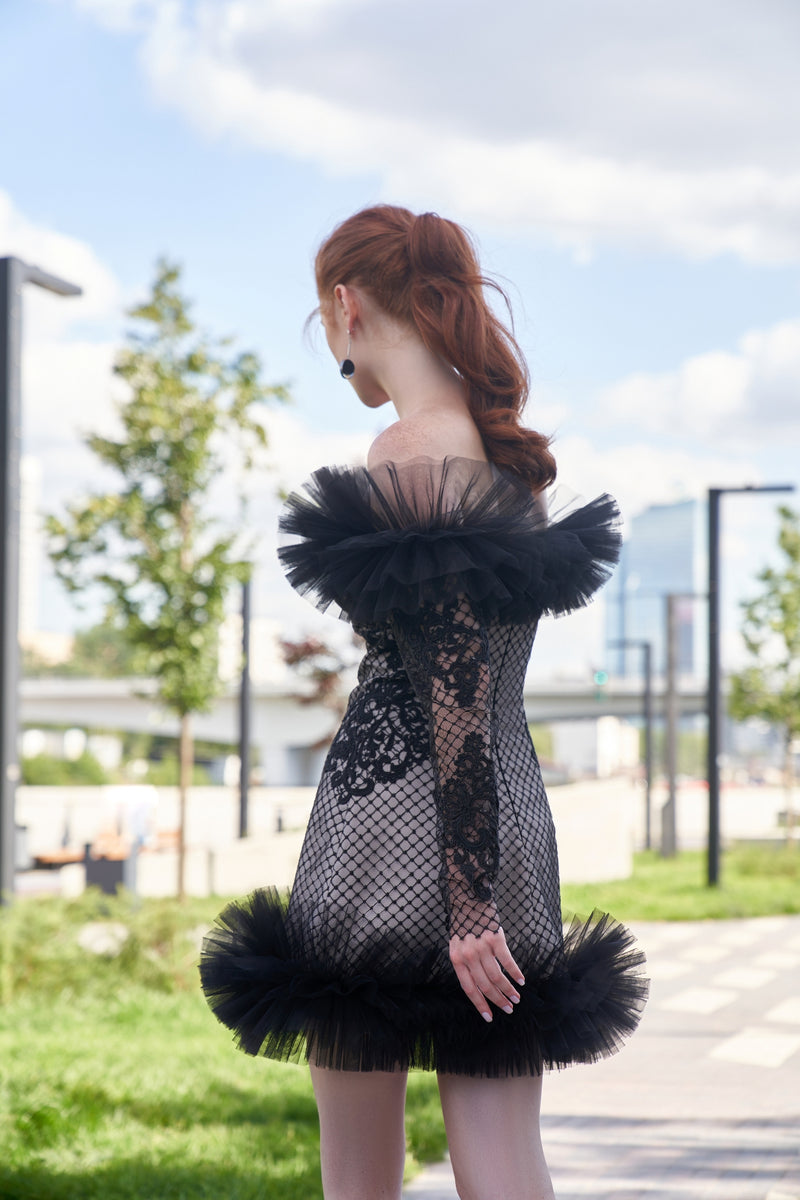 Off-The Shoulder Sheer Sleeve Mini Cocktail Black Dress HAREM's Brides Off-The Shoulder Sheer Sleeve Mini Cocktail Black Dress HAREM's Brides