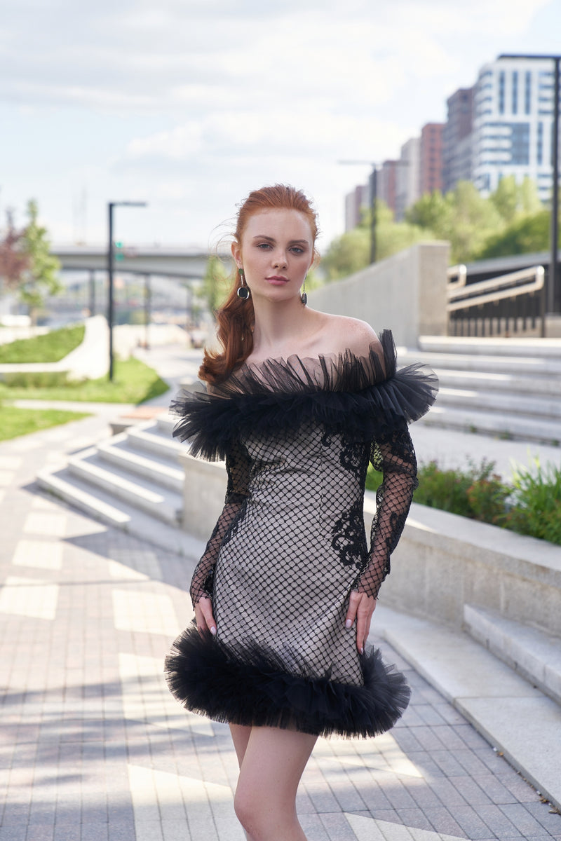Off-The Shoulder Sheer Sleeve Mini Cocktail Black Dress HAREM's Brides Off-The Shoulder Sheer Sleeve Mini Cocktail Black Dress HAREM's Brides