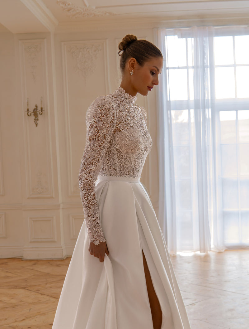 High-Neck Lace and Satin A-Line Wedding Dress