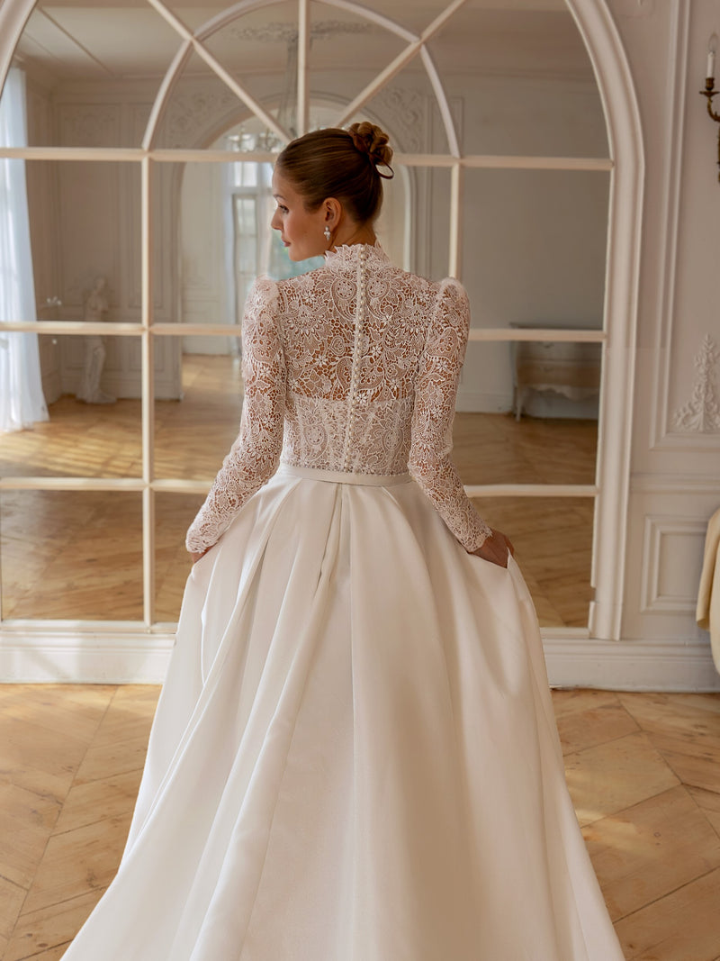 High-Neck Lace and Satin A-Line Wedding Dress | Regal Poise Couture HAREM's Brides High-Neck Lace and Satin A-Line Wedding Dress | Regal Poise Couture HAREM's Brides