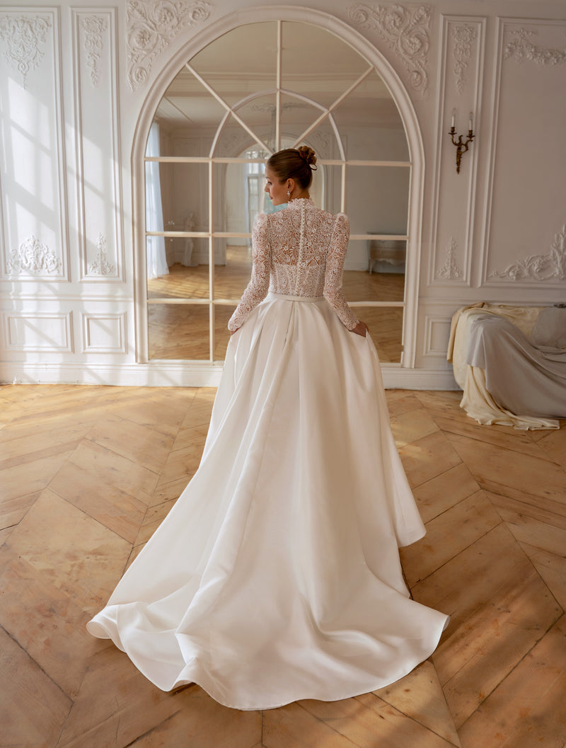High-Neck Lace and Satin A-Line Wedding Dress | Regal Poise Couture   HAREM's Brides