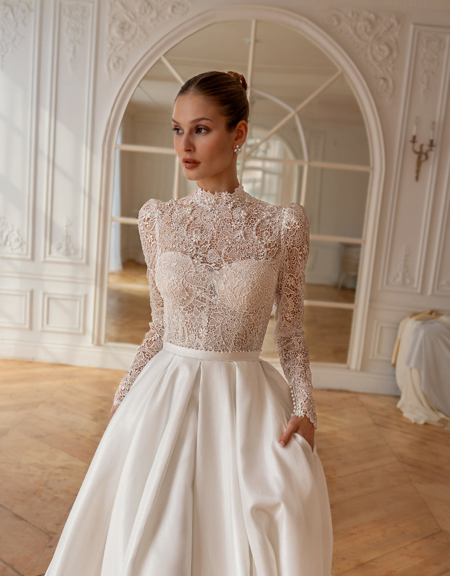 High-Neck Lace and Satin A-Line Wedding Dress