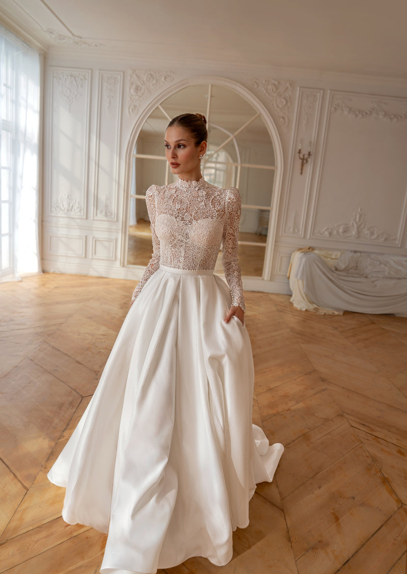 High-Neck Lace and Satin A-Line Wedding Dress | Regal Poise Couture EU46