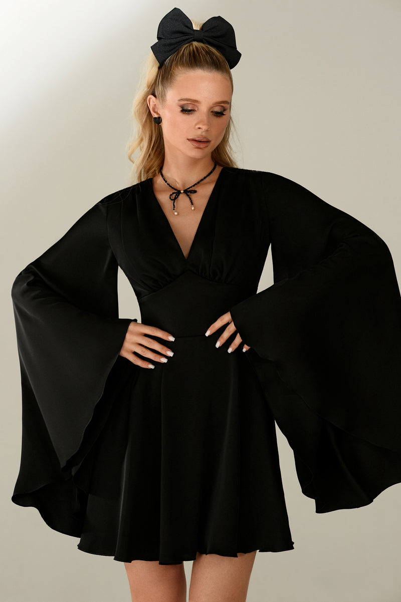Long Kimono Sleeve Mini Silk Dress Black / EU34 Long Kimono Sleeve Mini Silk Dress Black / EU34