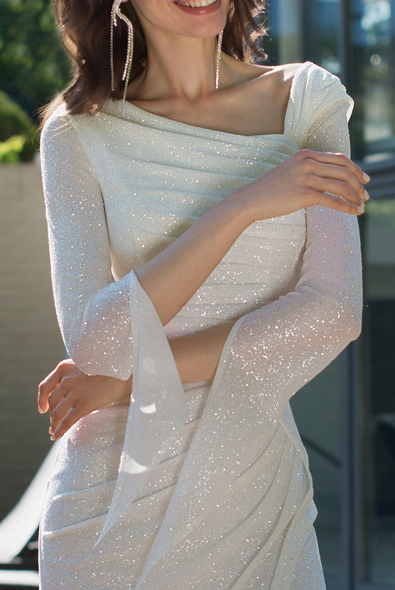 Long Sleeves Glitter Midi Bridal Dress HAREM's Brides Long Sleeves Glitter Midi Bridal Dress HAREM's Brides