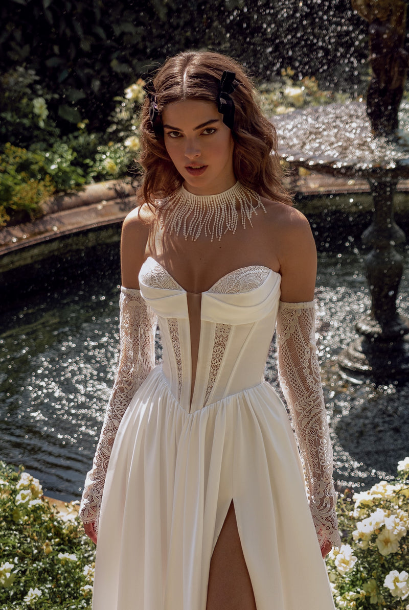 Bohemian Sweetheart A-Line Wedding Dress with Slit and Removable Sleev HAREM's Brides Bohemian Sweetheart A-Line Wedding Dress with Slit and Removable Sleev HAREM's Brides