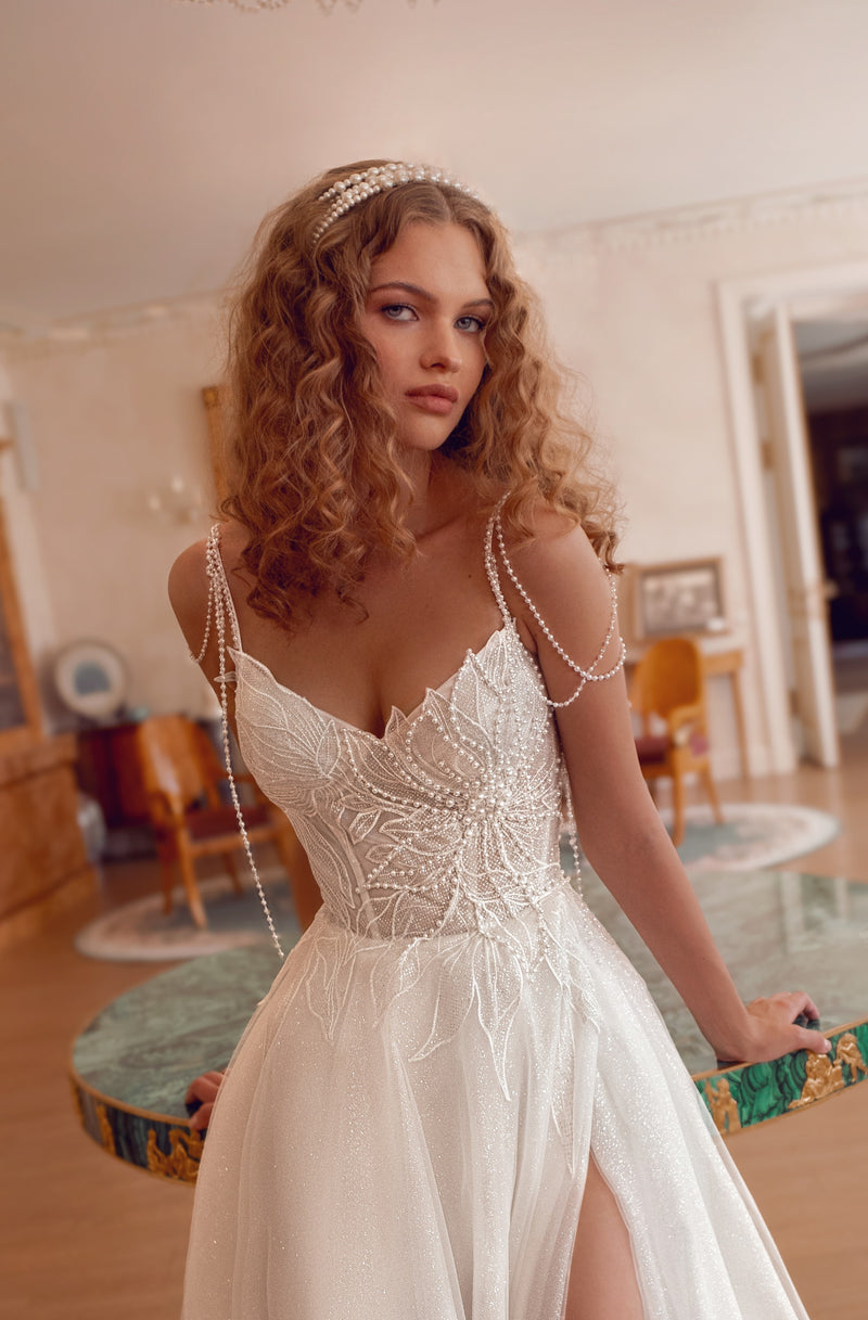 Beaded Lace Corset Wedding Dress with Glitter Euro Tulle Skirt | Enchanting Pearl Symphony Collection Beaded Lace Corset Wedding Dress with Glitter Euro Tulle Skirt | Enchanting Pearl Symphony Collection